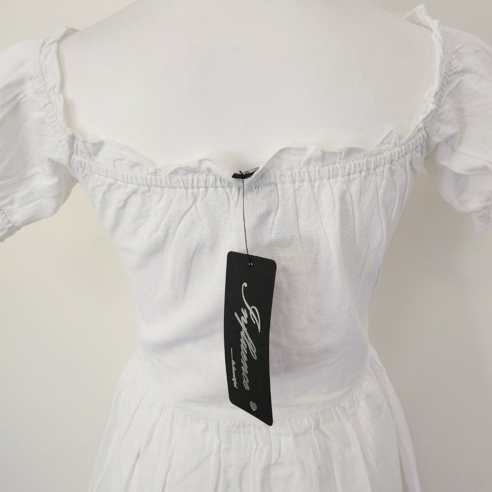 White Puff Sleeve Lace Up Milkmaid Puff Sleeve Sweetheart Skater Dress Cotton - Picture 12 of 15